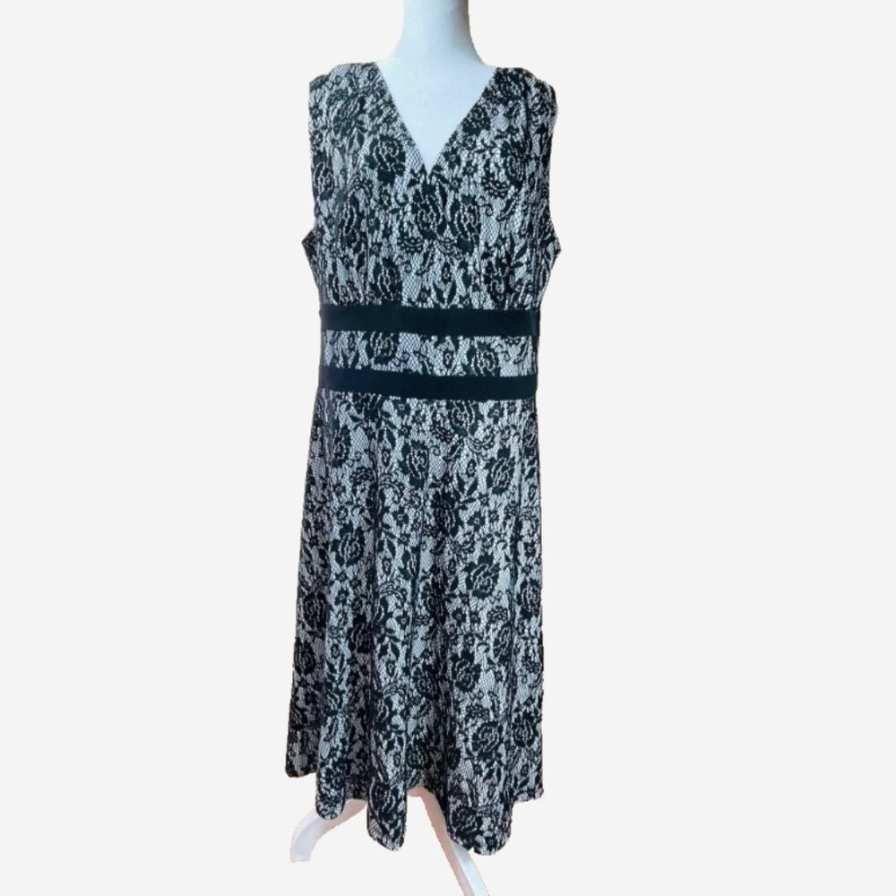AA Studio Black Rose Lace A-Line Midi Dress 16W Plus Size White Lining NWT